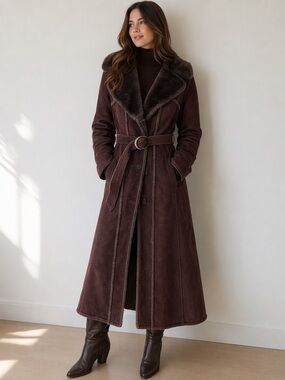 Vintage 70s Californian Suede Shearling Belted Trench Coat